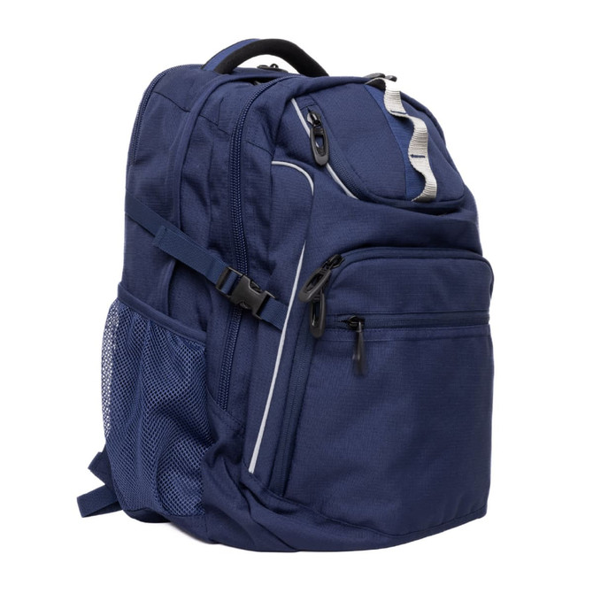 A navy blue backpack featuring multiple compartments, a mesh side pocket, and a logo on the front.