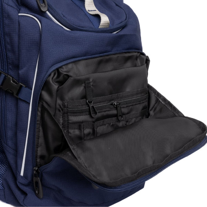 A navy blue backpack with multiple compartments, featuring a front pocket with zippers and a sleek design.