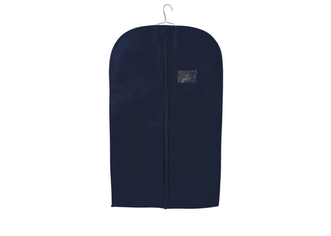 A navy non-woven garment bag with a hanger and a transparent pocket for identification.