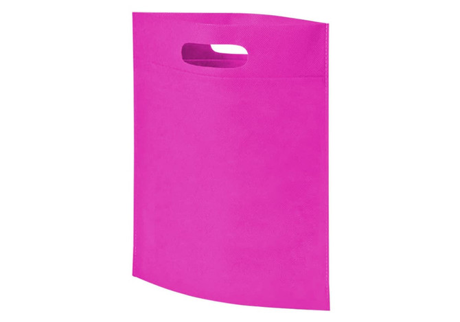A bright pink heat sealed non-woven exhibition tote bag with a cut-out handle and a simple design.