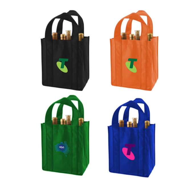 A drink bottle bag featuring four colours: black, orange, green, and blue, each holding multiple drink bottles.