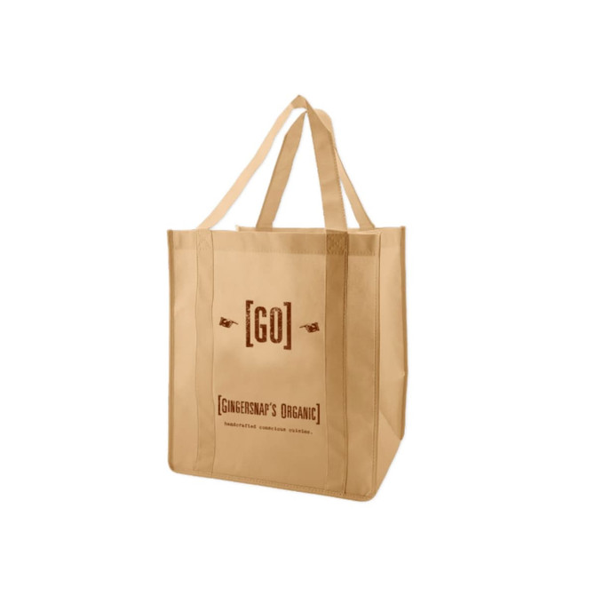 A large brown non-woven reusable shopping bag with sturdy handles and a branded logo.