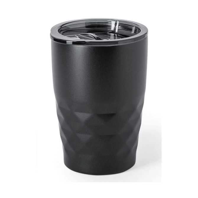 A drink bottle featuring a diamond cut design in matte black, with a clear, removable lid.