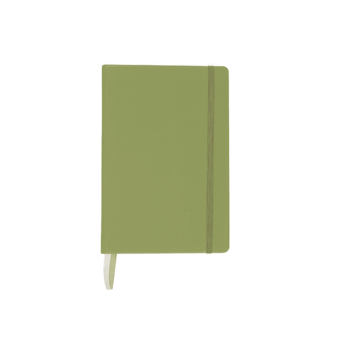 A green A5 notebook with an elastic band closure, featuring a ribbon bookmark and a logo on the cover.