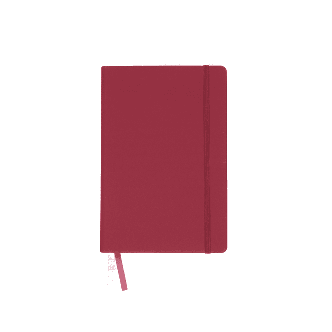 A maroon A5 notebook with a ribbon bookmark and an elastic band closure. It features a logo on the front.