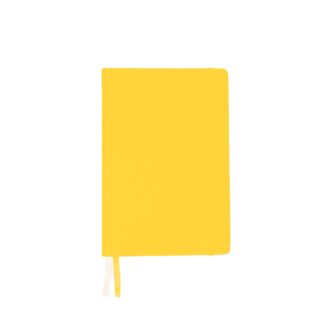 A bright yellow A5 notebook featuring a smooth cover and two contrasting bookmarks. It has a logo on the cover.