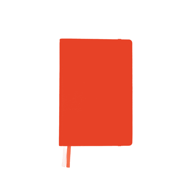 A bright orange A5 notebook with an elastic closure and a ribbon bookmark. It features a logo on the cover.
