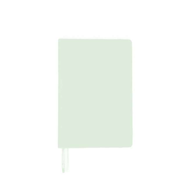 A mint green A5 notebook with a ribbon bookmark and a smooth cover, featuring a logo on the front.