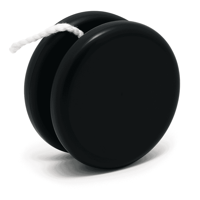 A black premium plastic yoyo with a white string, featuring a simple design and a smooth finish.