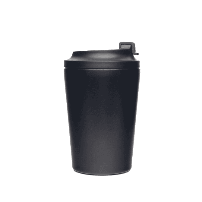 A double-walled reusable coffee cup in matte black with a secure lid and a sleek design. It features a logo.