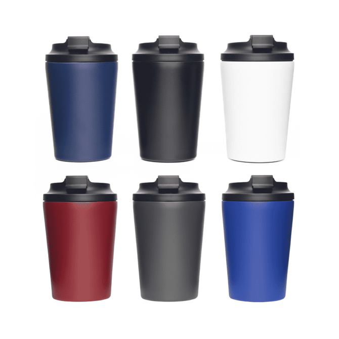 A drink bottle display featuring six Atlas 360ml double walled coffee cups in navy, black, white, burgundy, grey, and blue.