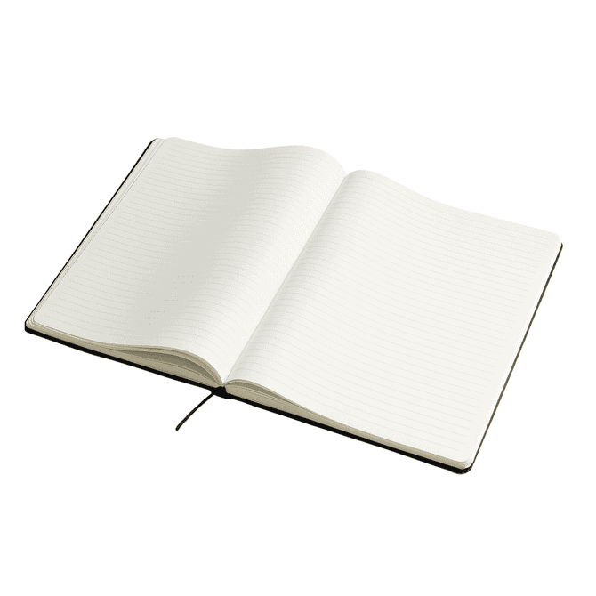 An open A4 hard cover notebook with lined pages and a ribbon bookmark, featuring a black cover.