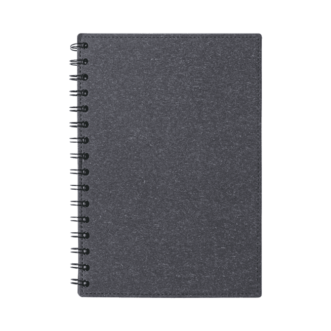 A dark grey spiral-bound notebook with a textured cover and a simple black coil binding.