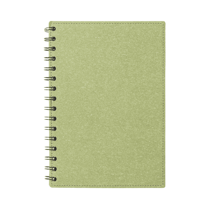 A green spiral-bound notebook with a textured cover and visible binding. It features no printed content.