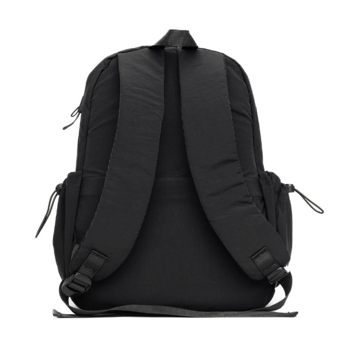 A black backpack with padded shoulder straps and side pockets, featuring a logo.