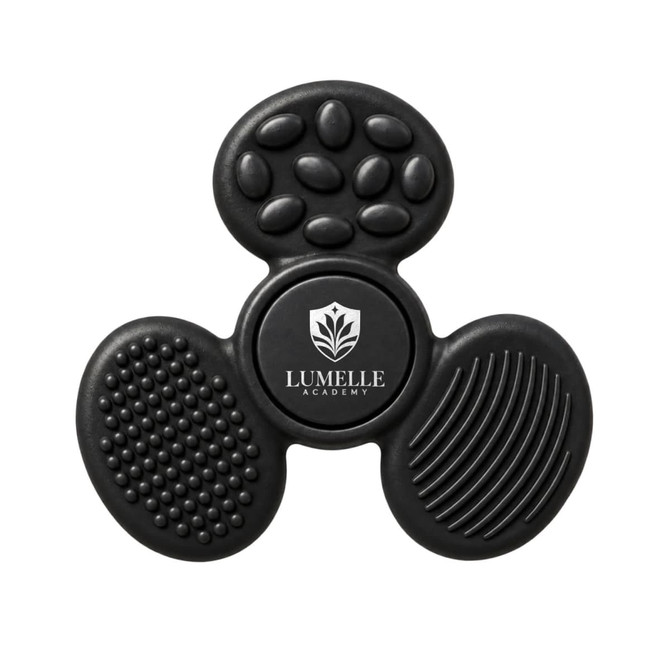 A black tactile fidget spinner featuring various textured surfaces and a logo in the centre.
