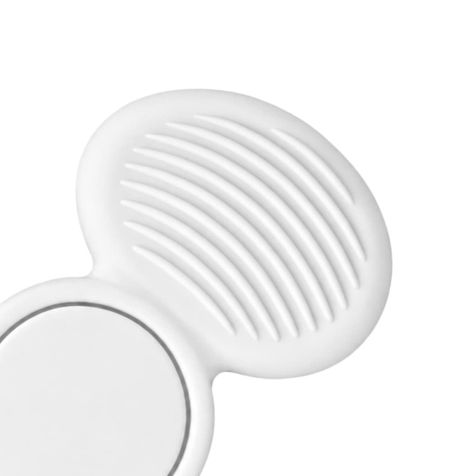 A tactile fidget spinner in white, featuring textured surfaces and a circular base, along with a logo.