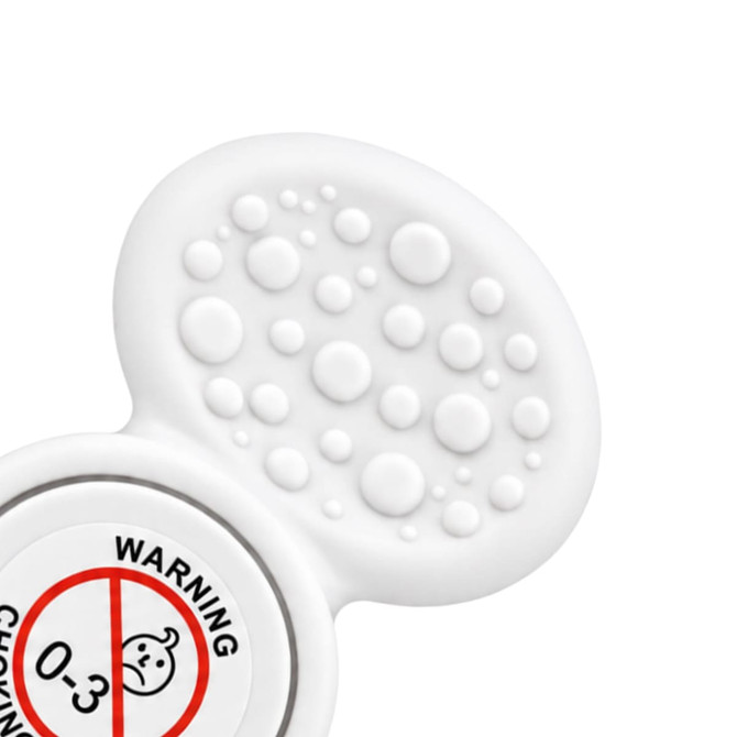 A white tactile fidget spinner featuring a textured surface with raised dots and a circular centre element.