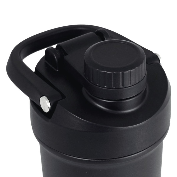 A drink bottle with a black finish, featuring a screw top lid and a handle for easy carrying.
