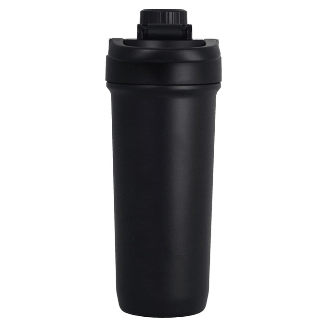 A drink bottle in matte black, featuring a screw-top lid and a logo on the body.