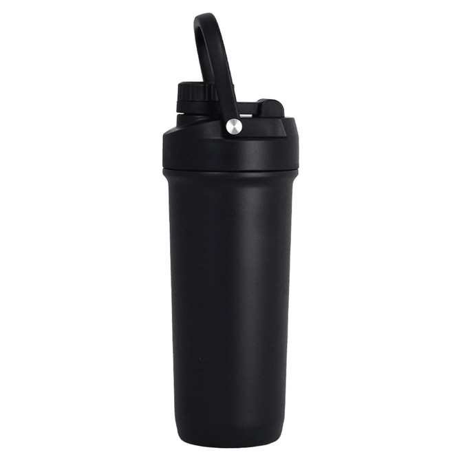 A drink bottle in matte black with a secure lid and a carry handle, featuring a brand logo.