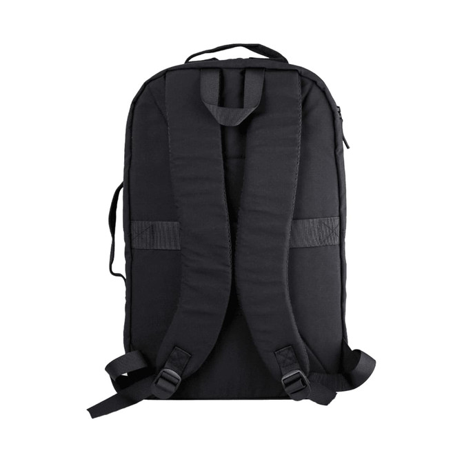 A black backpack featuring padded shoulder straps and a simple design. It includes a logo on the surface.
