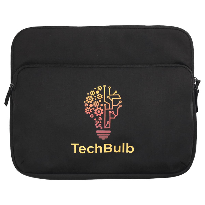 A black laptop sleeve featuring a graphic of a lightbulb with gears and a logo.