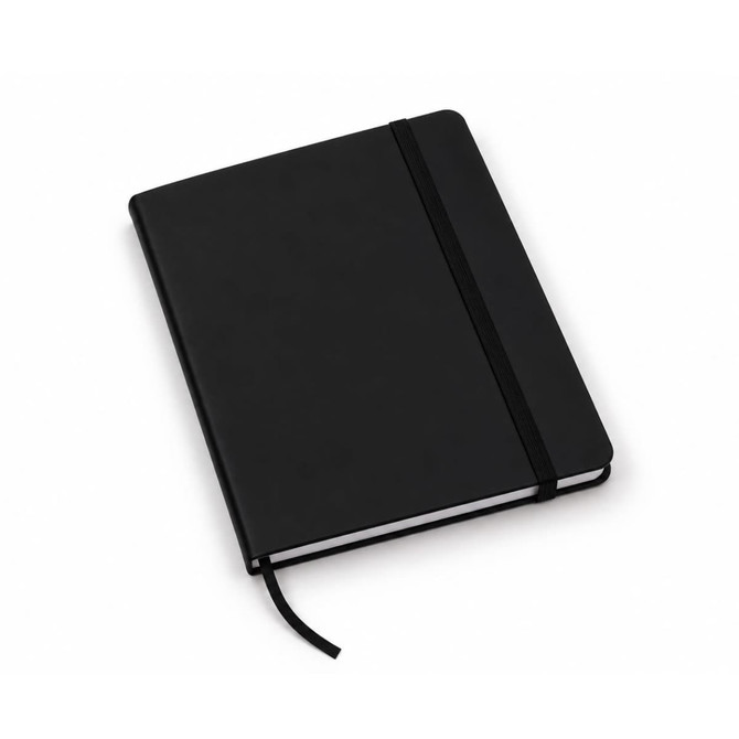 A black FSC Notebook with a flexible cover, an elastic band closure, and a ribbon bookmark.