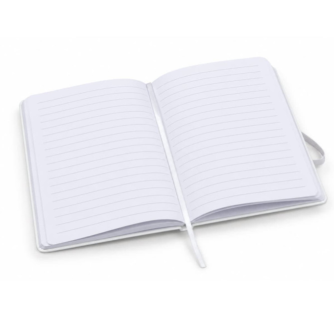A white FSC notebook with lined pages and a ribbon bookmark, open to the centre.