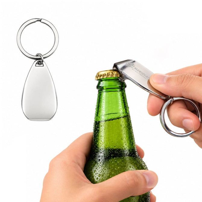 A silver keytag bottle opener being used to open a green glass bottle. The opener has a simple, sleek design.