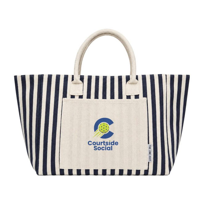 A striped tote bag in navy and cream with a front pocket and a logo.
