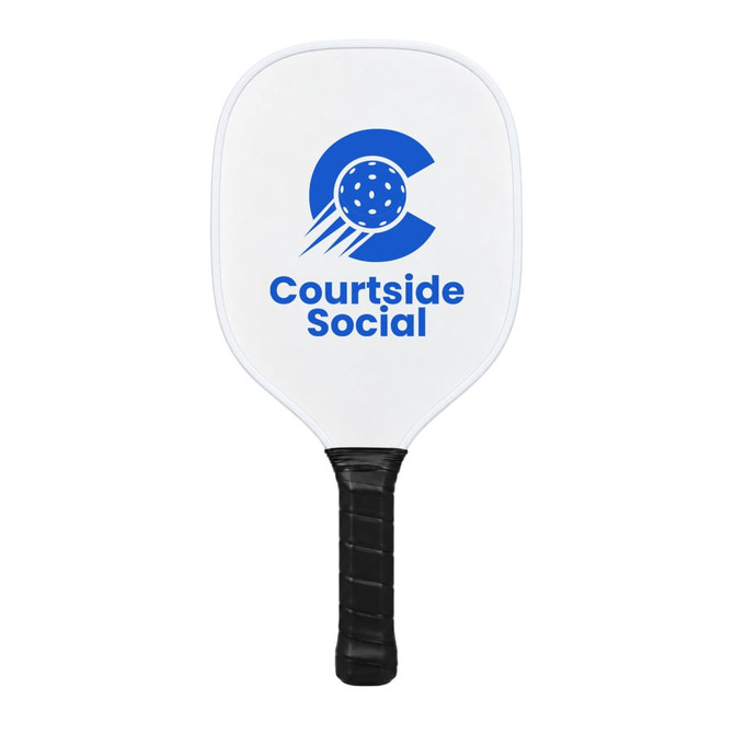 A white pickleball paddle featuring a blue logo and black grip. The paddle has a smooth surface and a rounded shape.