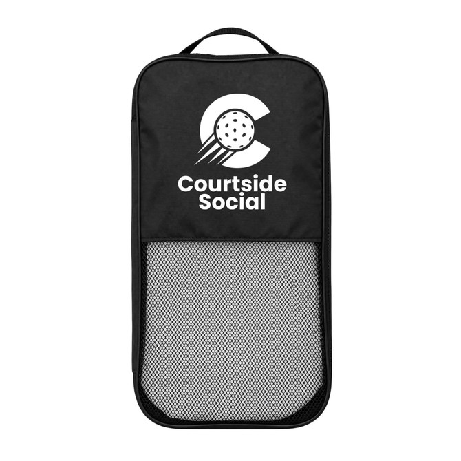 A black pickleball bag with a mesh pocket and a logo featuring a ball and paddle design.