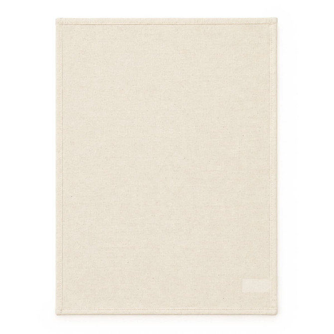 A large, cream-coloured cotton tea towel with a hemmed edge and a logo on one corner.
