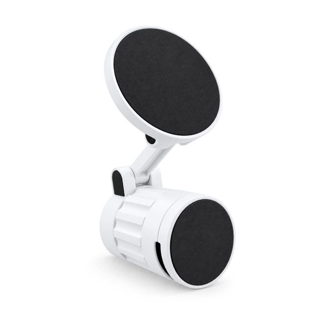 A white phone holder with two round black magnetic pads, featuring an adjustable arm for flexibility.