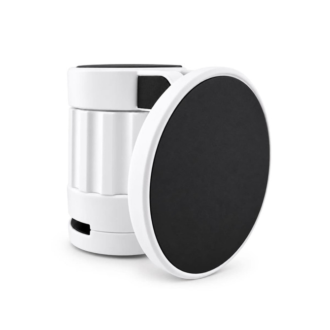 A white and black phone holder with a circular base and a cylindrical body, featuring a logo.
