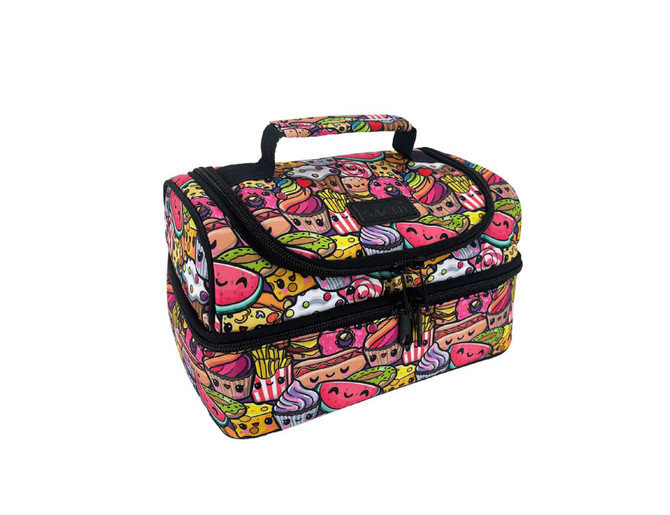 A vibrant insulated lunch bag featuring a fun print of assorted food items, with a sturdy handle and dual compartments.