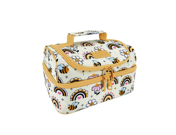 A double-decker insulated lunch bag in cream with floral and rainbow patterns, featuring bees and a logo.