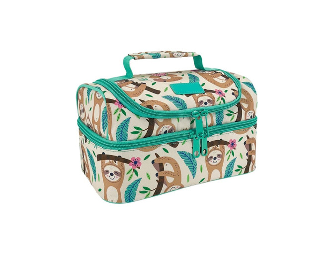 A double decker lunch bag featuring a playful sloth design, with green accents and zippered compartments.