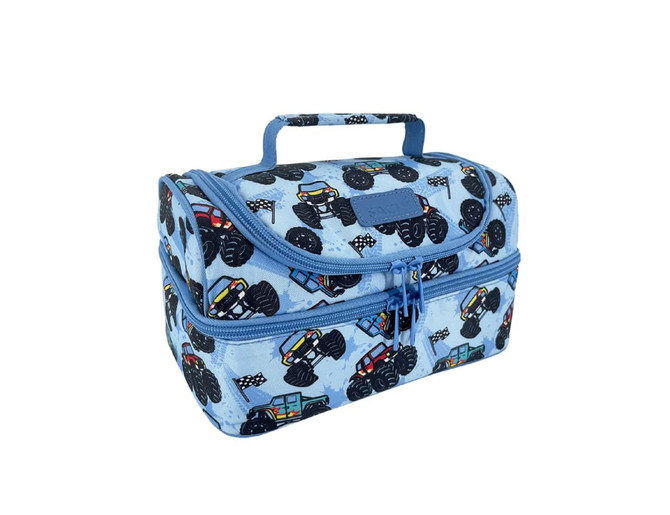 A blue insulated lunch bag featuring a monster truck design, with double compartments and a sturdy handle.