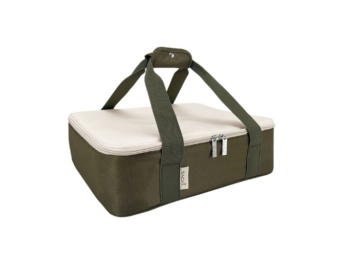 An olive green insulated bag with a cream lid and sturdy handles. It features a zip closure and a logo.