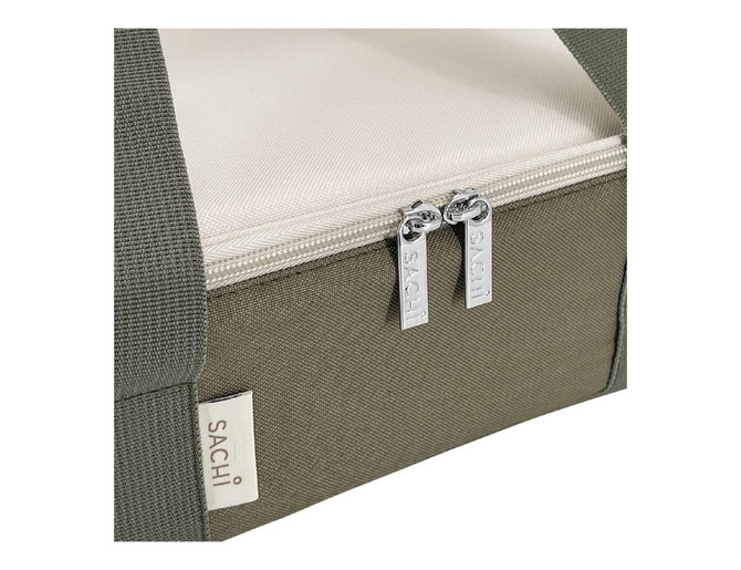 A zipped section of an olive green insulated bag with a branded tag and a light interior.