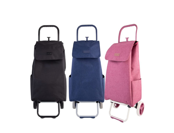 A set of three shopping trolleys in black, navy, and pink, each with a logo and a folding handle.