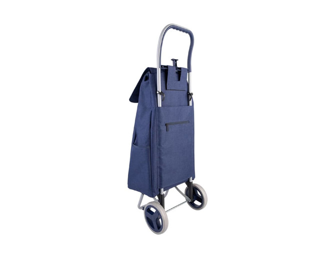 A navy shopping trolley with a metal frame, featuring pockets and large wheels for easy manoeuvrability.