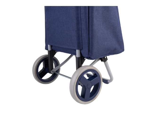 A navy shopping trolley with grey wheels and a fabric cover. Features a simple frame design.