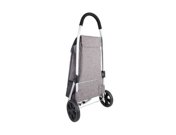 A grey aluminium shopping trolley with black wheels and handle, featuring a simple design and a logo.