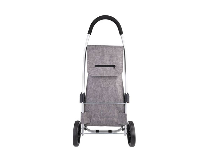 An aluminium shopping trolley with a grey fabric bag and black handle, featuring two wheels for mobility.