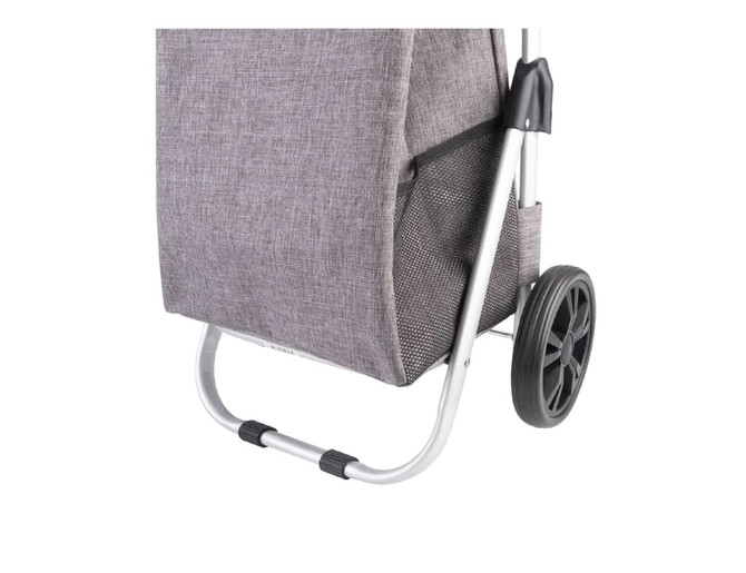 A grey aluminium shopping trolley with a textured fabric exterior and large rear wheels. Features a mesh pocket.