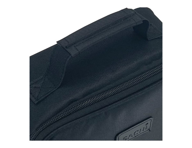 A black insulated lunch bag features a sturdy handle and a zipper. It has a logo on the front.