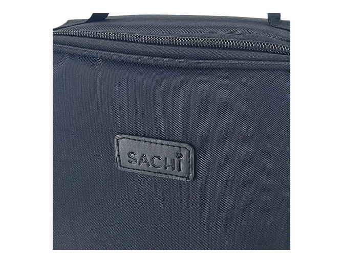 A dark grey insulated lunch bag with a textured surface and a logo patch. It features a zippered closure.
